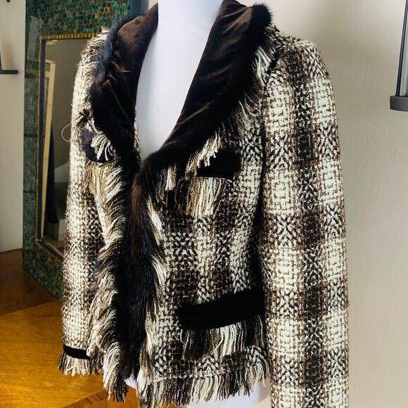 Cache Vintage 6 Size Women's Faux Fur Velvet Fringe Plaid Jacket Fall Boho - Picture 2 of 13
